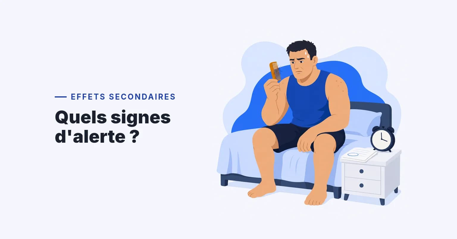 Un homme musclé assis sur son lit observe des cheveux sur un peigne, signe d'abus de stéroïdes, près d'un réveil et d'un bilan