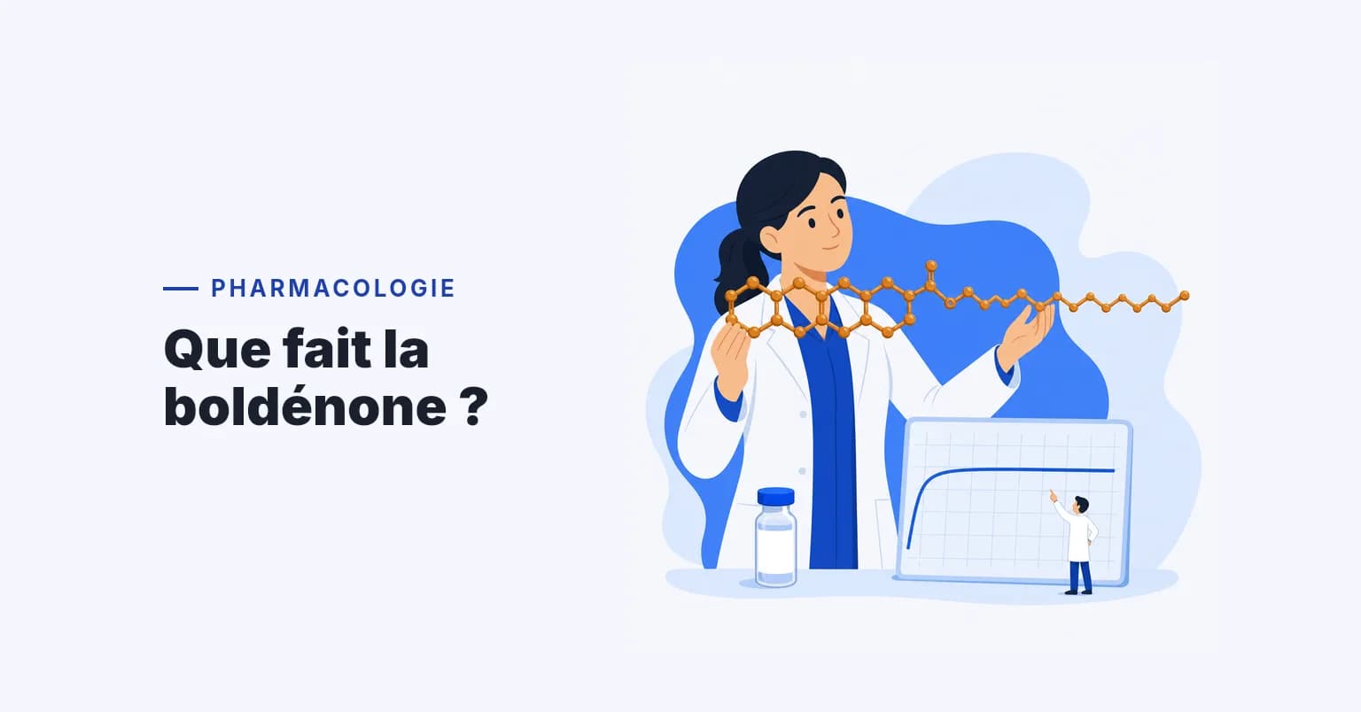 Chercheuse étudiant une molécule à longue chaîne près d'un flacon et d'une courbe plate, l'action de la boldénone undécylénate