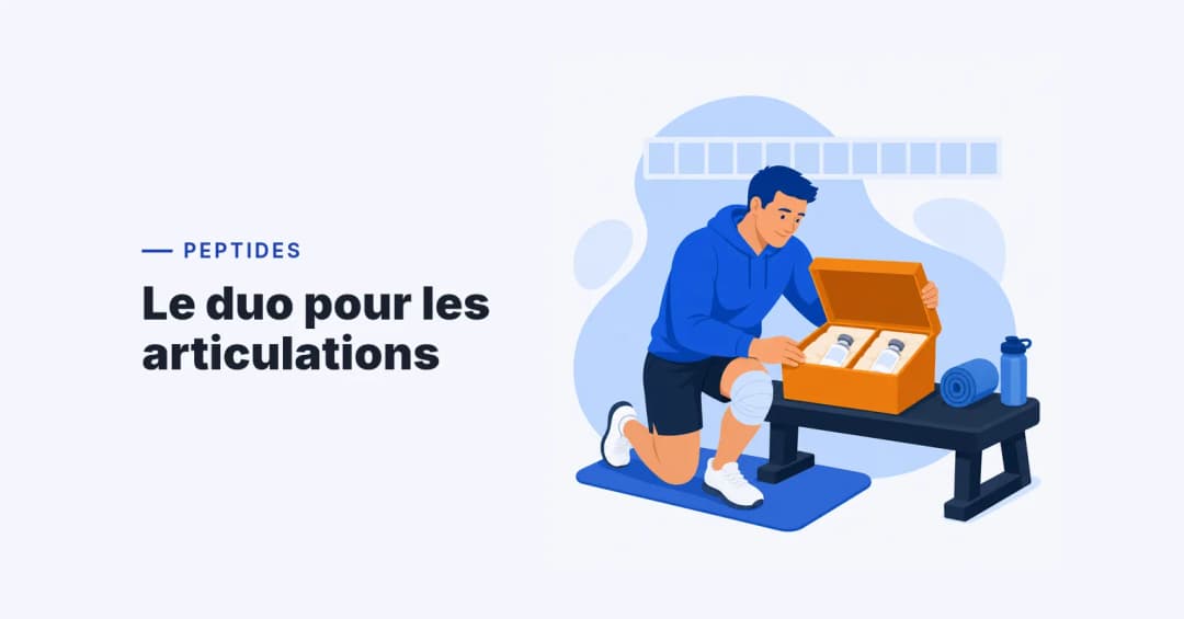 Sportif au genou bandé ouvrant une boîte contenant deux flacons de peptides BPC-157 et TB-500, calendrier de cure au mur