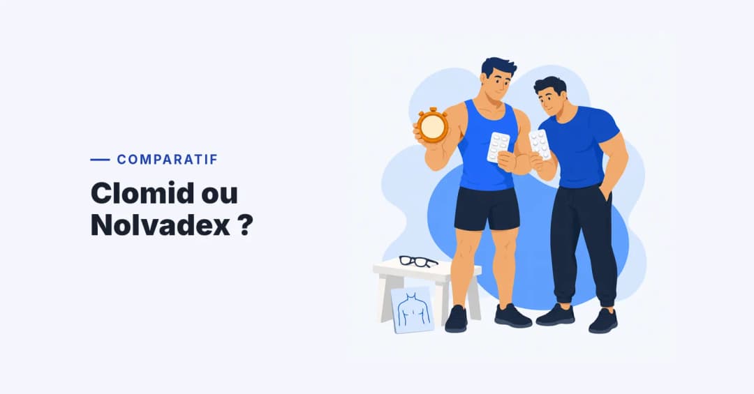 Deux athlètes comparent des plaquettes de Clomid et de Nolvadex, l'un tenant un chronomètre, près de lunettes sur un banc