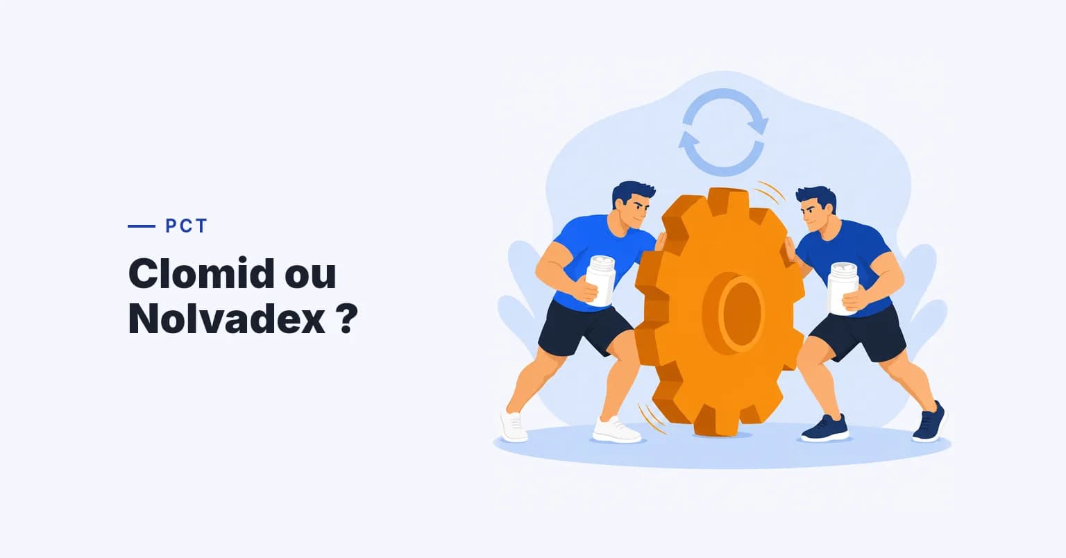 Deux athlètes poussant ensemble un grand engrenage, chacun tenant un flacon de comprimés différent, Clomid et Nolvadex