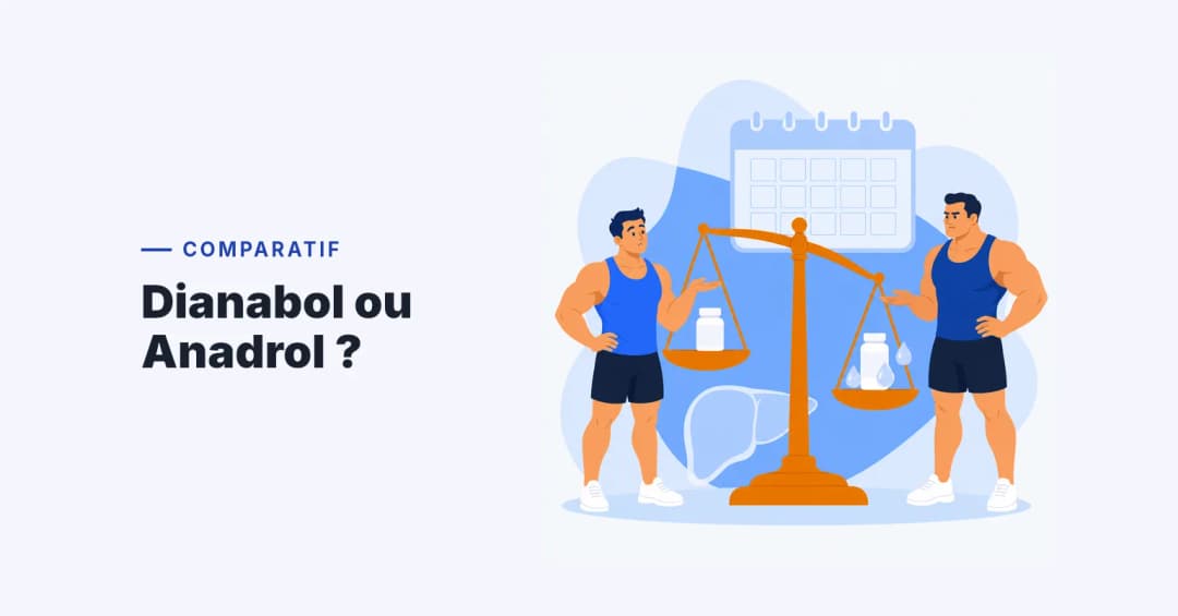 Deux culturistes de part et d'autre d'une balance qui compare deux flacons de comprimés, Dianabol et Anadrol