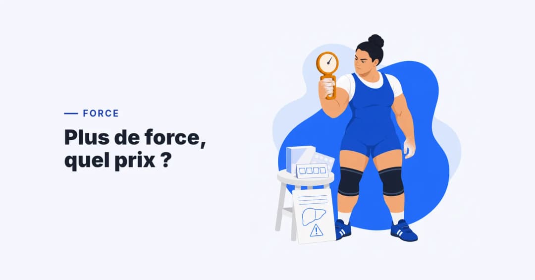 Powerlifteuse serrant un dynamomètre pour mesurer sa force sous Halotestin, avec plaquette, carte de quatre semaines et alerte foie