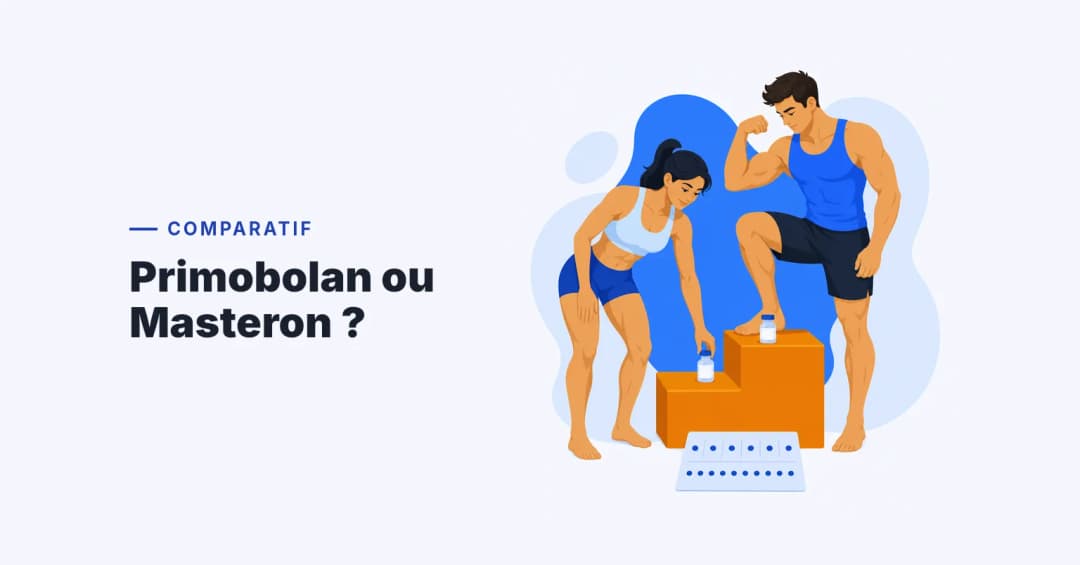Deux athlètes posent chacun un flacon sur un podium de pose pour comparer Primobolan et Masteron en sèche, avec une carte de rythme