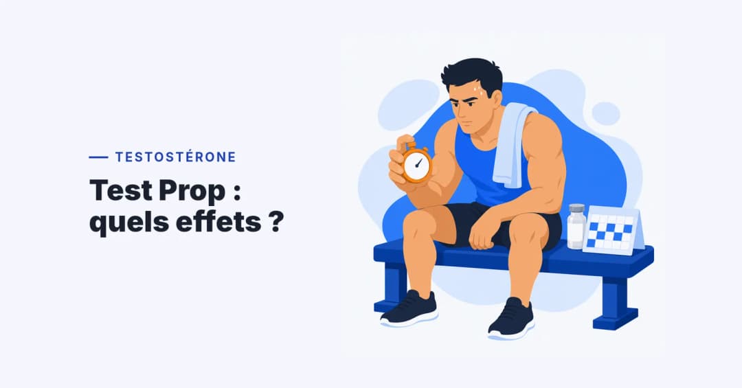 Un athlète musclé assis sur un banc tient un chronomètre près d'un flacon de propionate de testostérone et d'un petit calendrier