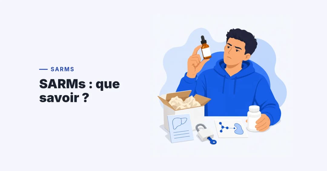 Un jeune homme examine un flacon compte-gouttes de SARMs près d'un colis ouvert, d'un cadenas et d'une fiche sur le foie