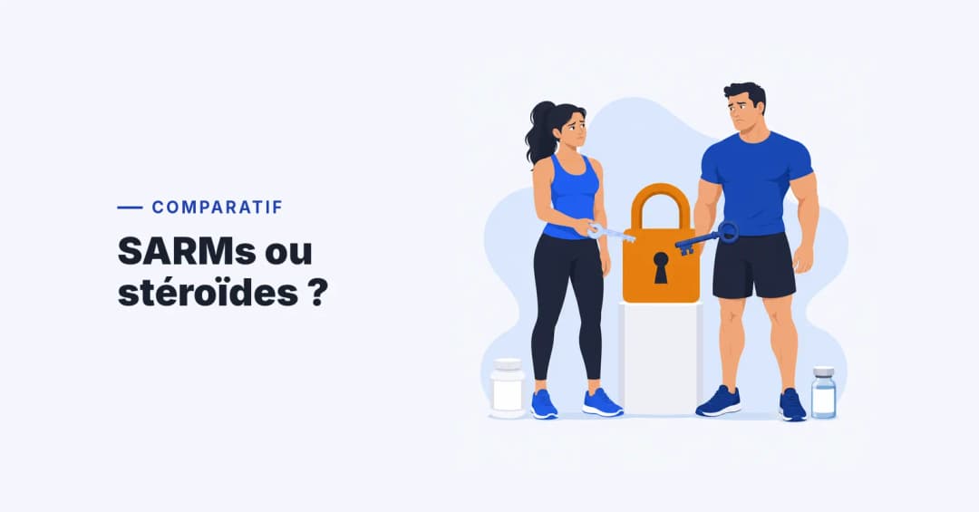 Deux athlètes approchent chacun une clé différente d'un même cadenas, image du récepteur commun aux SARMs et aux stéroïdes