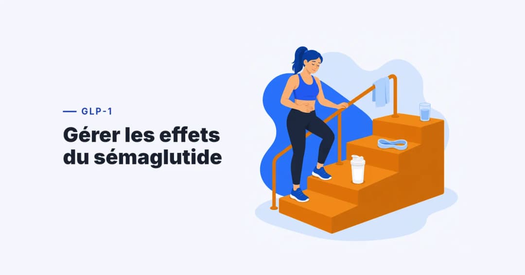 Femme montant lentement un escalier à quatre marches, la main sur le ventre, avec shaker de protéines et élastique de musculation