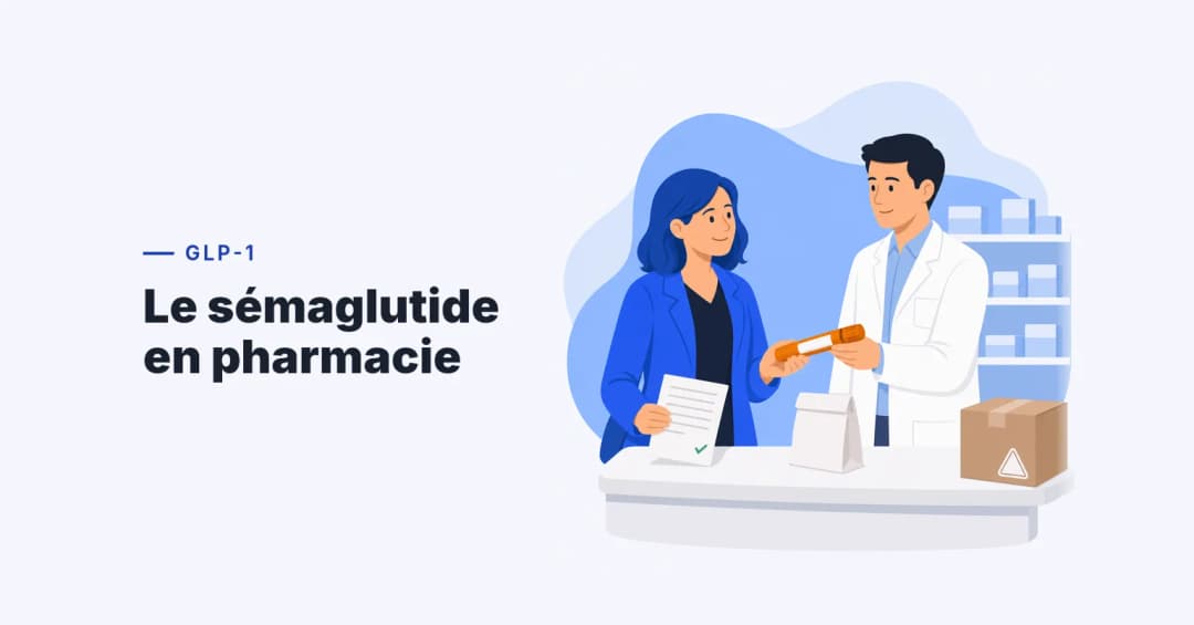 Femme au comptoir d'une pharmacie recevant un stylo injecteur de sémaglutide avec une ordonnance, colis douteux mis de côté