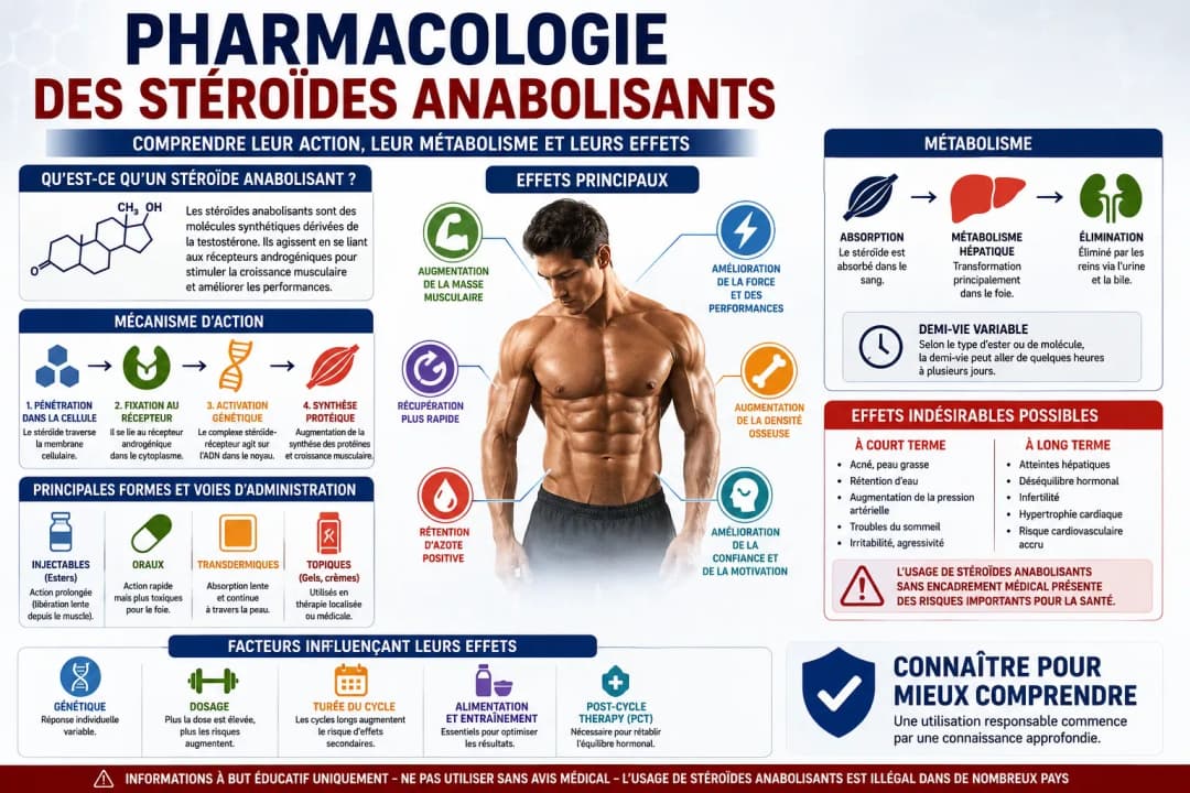 Infographie en arbre généalogique de la testostérone se ramifiant en quatre classes de stéroïdes anabolisants esters de testostérone injectables avec aromatisation forte 17-alpha-alkylés oraux avec hépatotoxicité élevée 19-nortestostérones avec activité p