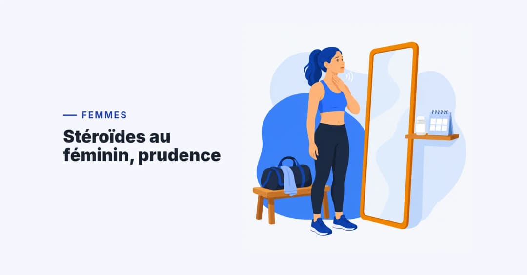 Sportive touchant sa gorge devant un grand miroir, petit flacon de comprimés et calendrier de six semaines sur l'étagère
