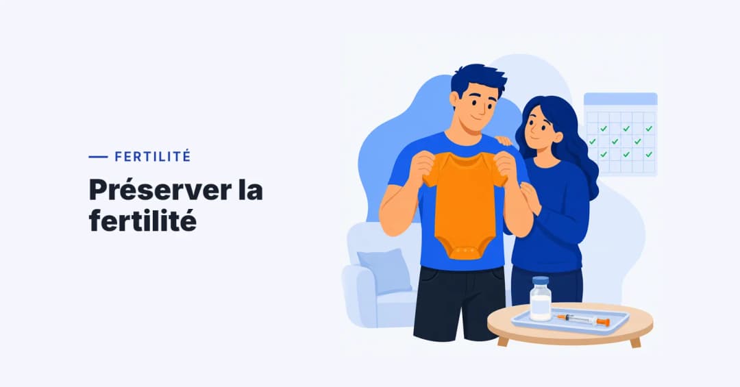Couple souriant tenant une petite grenouillère, flacon d'HCG et calendrier coché un jour sur deux sur la table