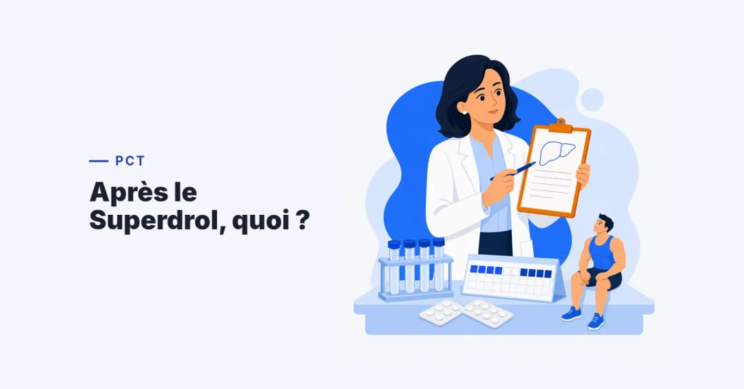 Une médecin tient un presse-papiers avec un schéma du foie pour la PCT Superdrol, près de tubes d'analyse, plaquettes et calendrier