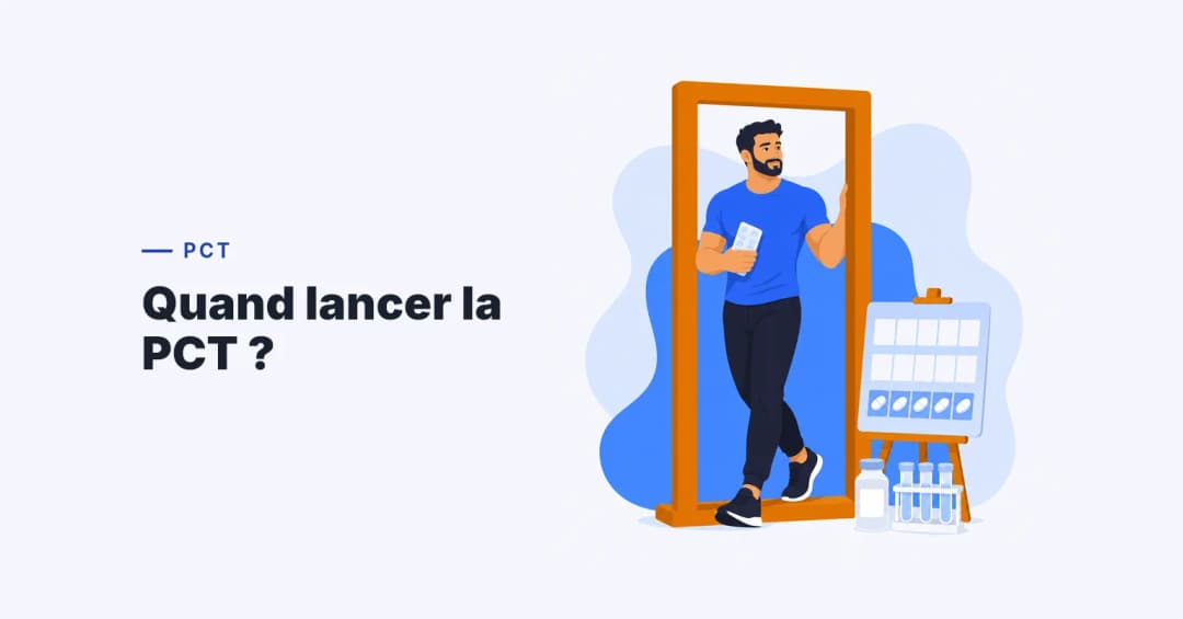 Homme franchissant une porte avec une plaquette de PCT après testostérone énanthate, calendrier d'attente et tubes d'analyse