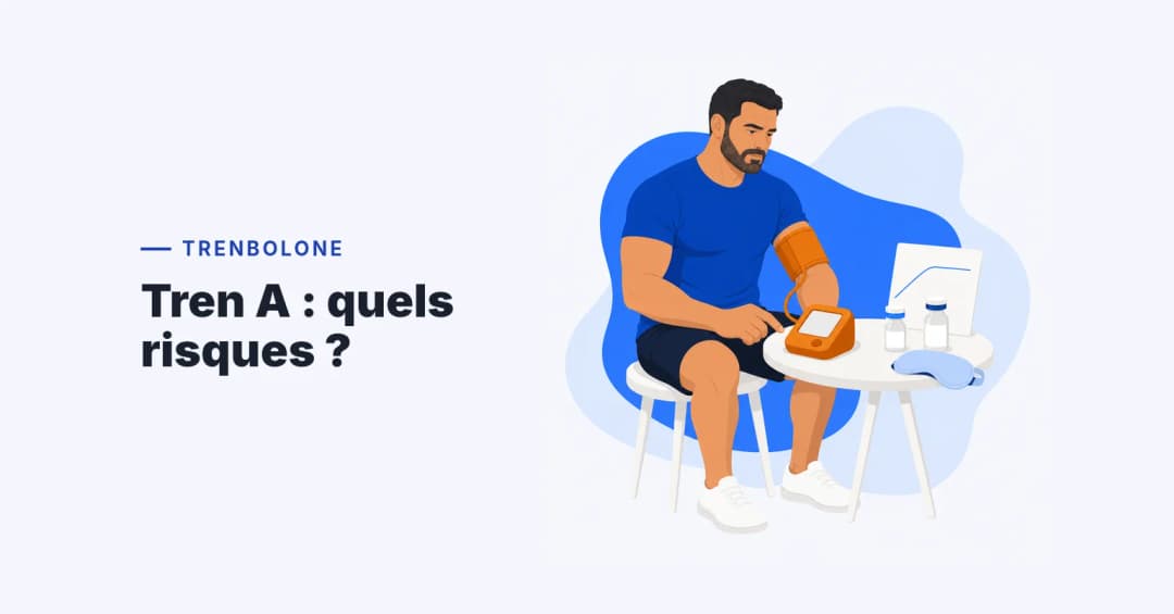 Un culturiste mesure sa tension avec un tensiomètre, à côté de deux flacons de trenbolone acétate et énanthate et d'une courbe en plateau