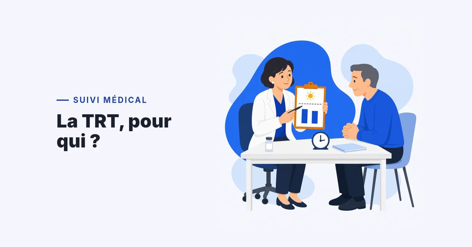 Une médecin montre à un patient un porte-bloc avec deux mesures basses de testostérone, pour discuter d'une TRT