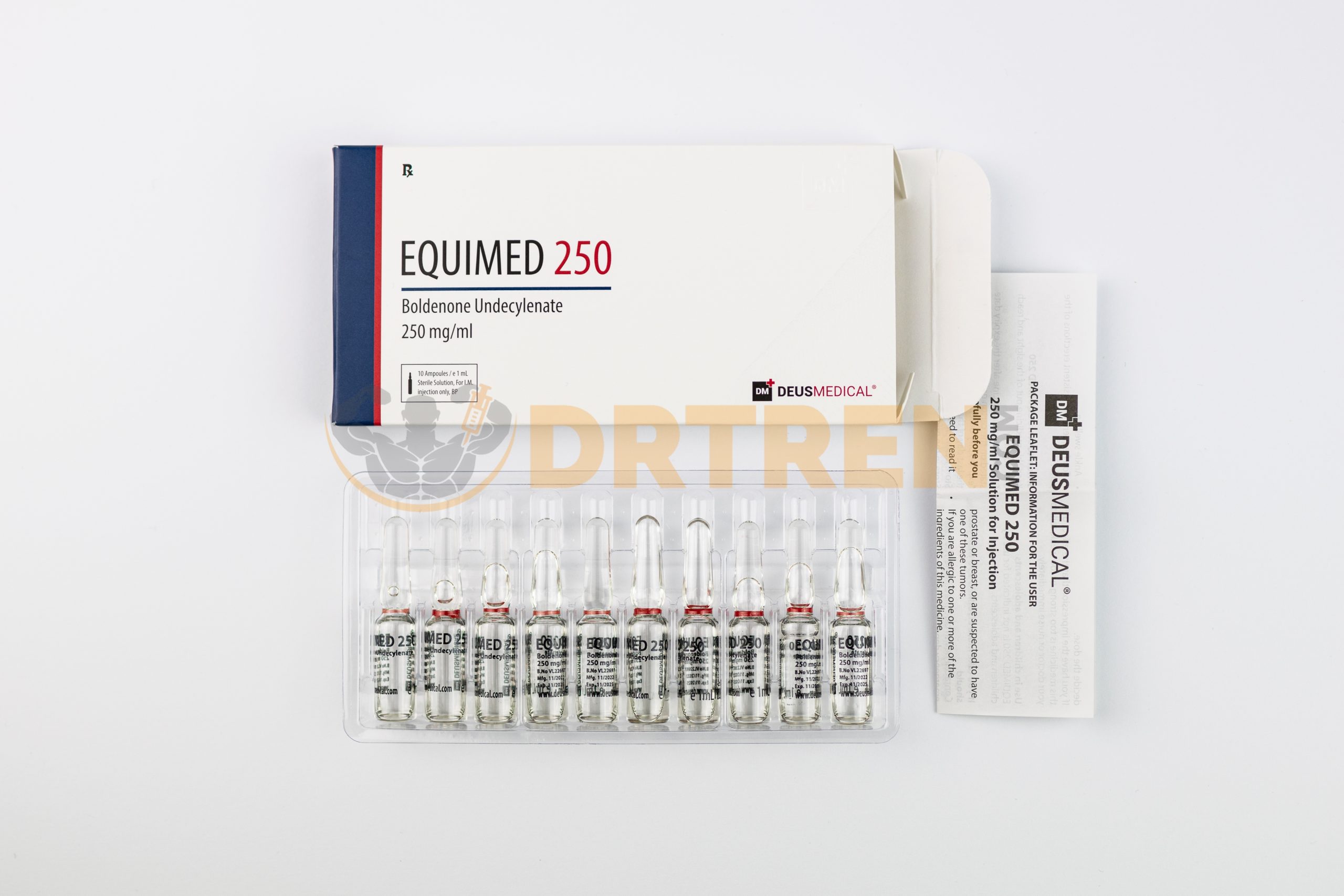 EQUIMED 250 (Undécylénate de Boldénone) de Deus Medical, un stéroïde anabolisant en flacon de 10 ml avec une concentration de 250 mg/ml.