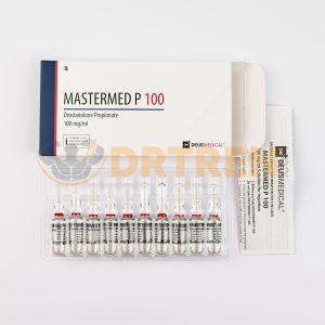 Mastermed P 100 (Propionate de Drostanolone) de Deus Medical, flacon de 10 ml avec une concentration de 100 mg/ml, utilisé pour la construction musculaire et l'amélioration des performances