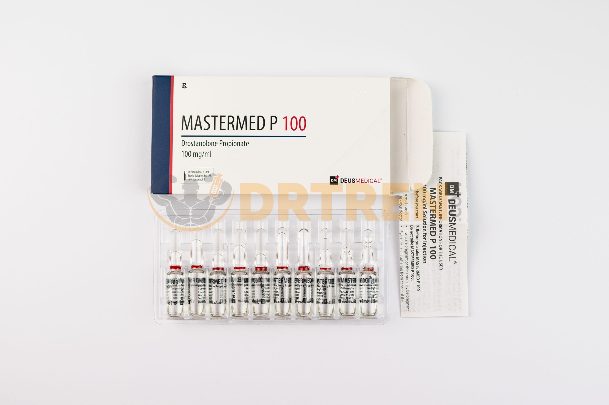 Mastermed P 100 (Propionate de Drostanolone) de Deus Medical, flacon de 10 ml avec une concentration de 100 mg/ml, utilisé pour la construction musculaire et l'amélioration des performances