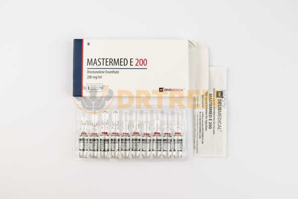 Mastermed E 200 (Drostanolone Enanthate) de Deus Medical, flacon de 10 ml avec une concentration de 200 mg/ml, conçu pour l'augmentation de la masse musculaire et l'amélioration de la définition corporelle