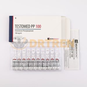 Testomed PP 100 (Phénylpropionate de testostérone) de Deus Medical, flacon de 10 ml avec une concentration de 100 mg/ml, utilisé pour augmenter la masse musculaire et améliorer les performances sportives