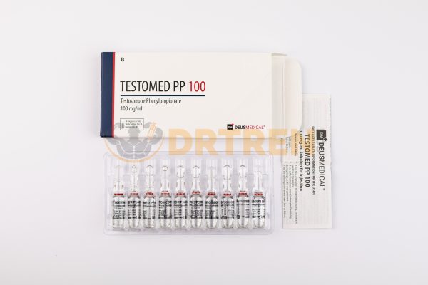 Testomed PP 100 (Phénylpropionate de testostérone) de Deus Medical, flacon de 10 ml avec une concentration de 100 mg/ml, utilisé pour augmenter la masse musculaire et améliorer les performances sportives