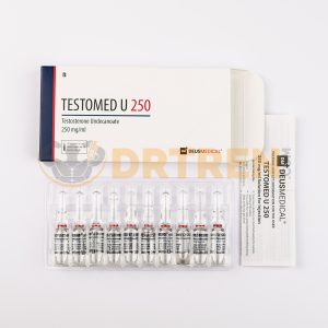 Testomed U 250 (Undécanoate de testostérone) de Deus Medical, flacon de 10 ml avec une concentration de 250 mg/ml, utilisé pour traiter les déficits en testostérone et améliorer la masse musculaire