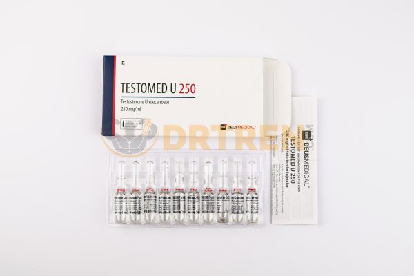 Testomed U 250 (Undécanoate de testostérone) de Deus Medical, flacon de 10 ml avec une concentration de 250 mg/ml, utilisé pour traiter les déficits en testostérone et améliorer la masse musculaire