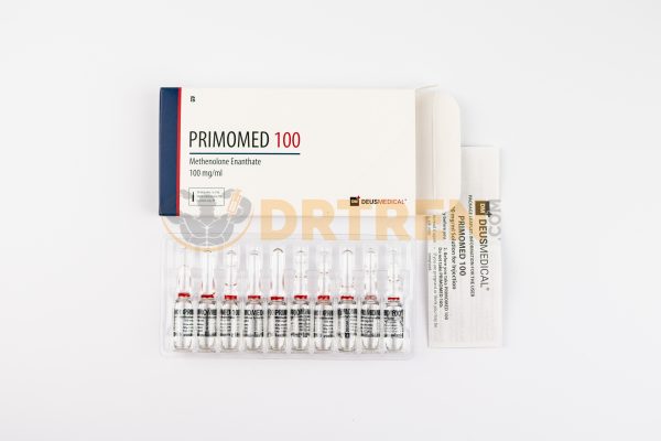 Primomed 100 (Énanthate de Méthénolone) de Deus Medical, flacon de 10 ml avec une concentration de 100 mg/ml, utilisé pour améliorer la performance physique et favoriser la rétention de la masse musculaire maigre.