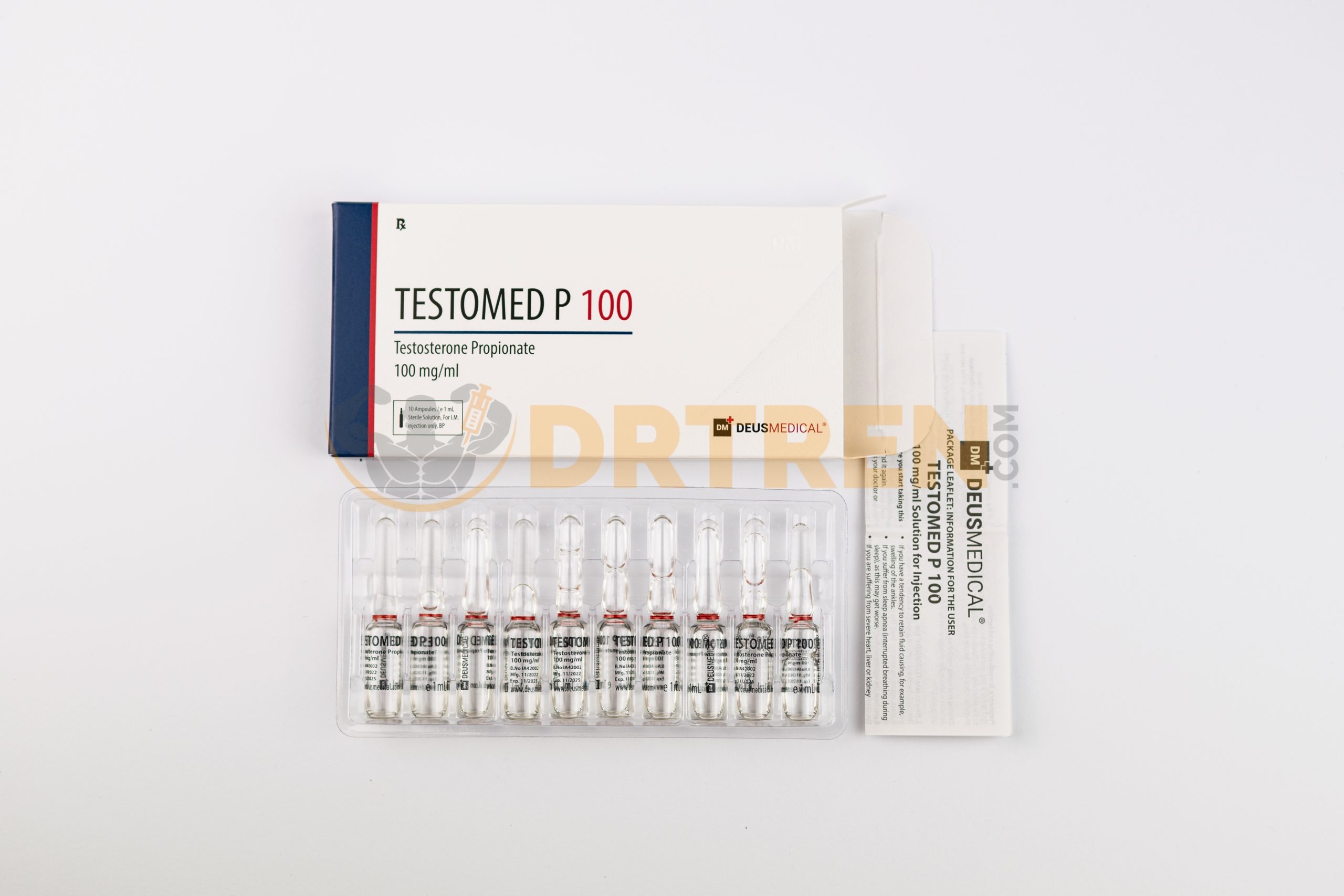 Testomed P 100 (Propionate de Testostérone) de Deus Medical, flacon de 10 ml avec une concentration de 100 mg/ml, utilisé pour la thérapie hormonale et l'amélioration de la masse musculaire