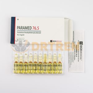 Paramed (Hexahydrobenzycarbonate de trenbolone) de Deus Medical, flacon de 10 ml avec une concentration de 76,5 mg/ml, utilisé pour l'amélioration des performances et le développement musculaire