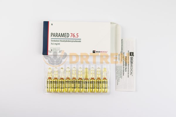 Paramed (Hexahydrobenzycarbonate de trenbolone) de Deus Medical, flacon de 10 ml avec une concentration de 76,5 mg/ml, utilisé pour l'amélioration des performances et le développement musculaire