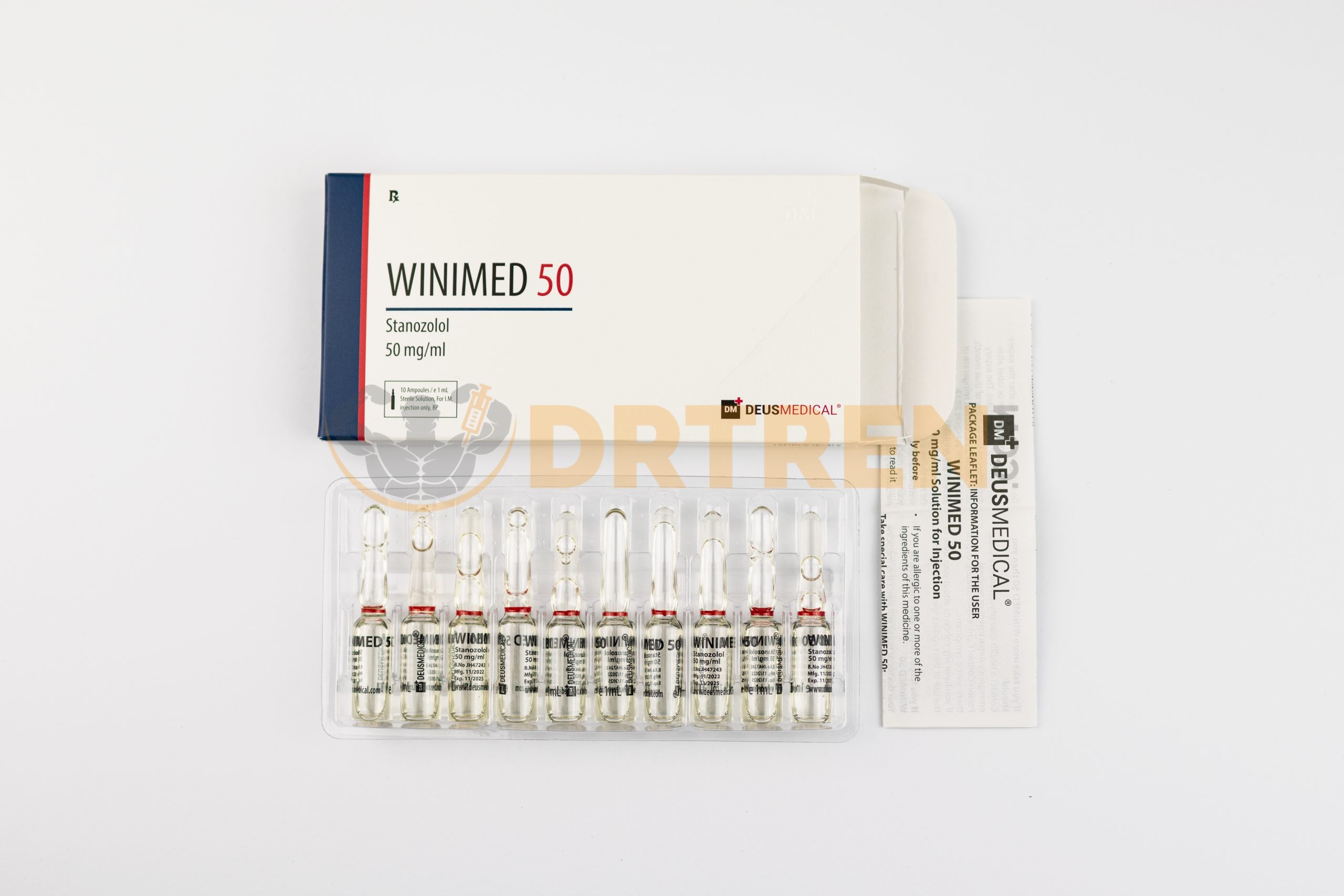 Winimed 50 (Stanozolol) de Deus Medical, 50 mg/ml en 10 ampoules, stéroïde anabolisant utilisé pour la performance sportive et la définition musculaire