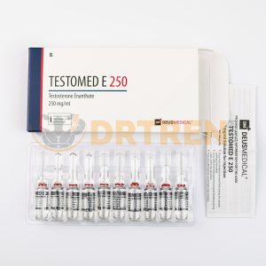 Testomed E 250 (Enanthate de Testostérone) de Deus Medical, un stéroïde anabolisant en flacon de 10 ml avec une concentration de 250 mg/ml.