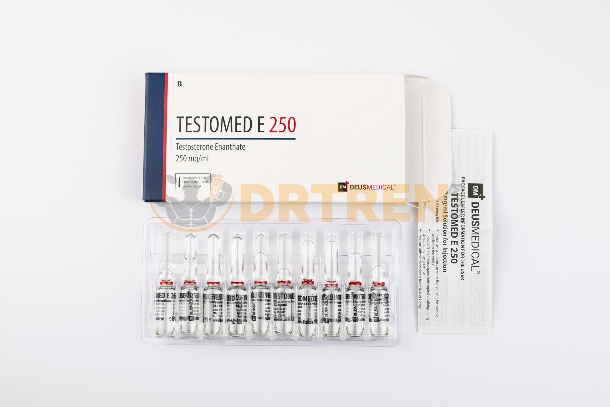 Testomed E 250 (Enanthate de Testostérone) de Deus Medical, un stéroïde anabolisant en flacon de 10 ml avec une concentration de 250 mg/ml.