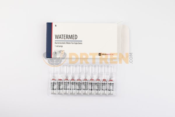 Watermed (Eau Bactériostatique) 10ML de Deus Medical, solution stérile utilisée pour diluer des médicaments injectables