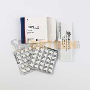 Femamed 2.5 (Letrozole) de Deus Medical, boîte de 50 comprimés à 2,5 mg chacun, utilisé principalement pour inhiber l'aromatase et réduire les niveaux d'œstrogènes.