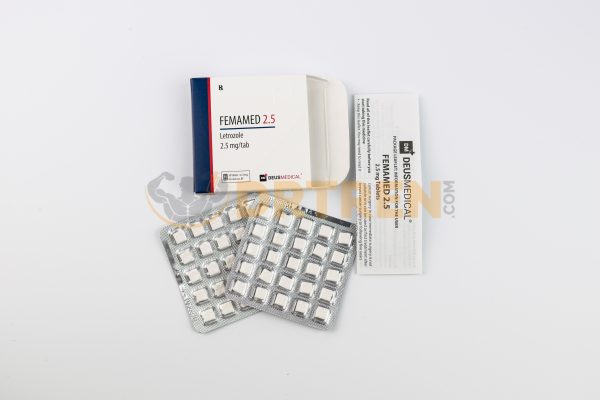 Femamed 2.5 (Letrozole) de Deus Medical, boîte de 50 comprimés à 2,5 mg chacun, utilisé principalement pour inhiber l'aromatase et réduire les niveaux d'œstrogènes.