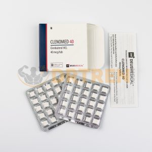 Clenomed 40 (Clenbuterol) de Deus Medical, boîte de 50 comprimés dosés à 40 mcg chacun, utilisé comme bronchodilatateur et pour la perte de graisse en stimulant le métabolisme