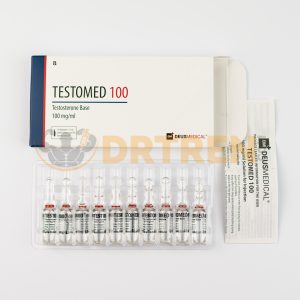 TESTOMED 100 (Base de Testostérone) de Deus Medical, un stéroïde anabolisant présenté sous forme de flacon contenant une concentration de testostérone.