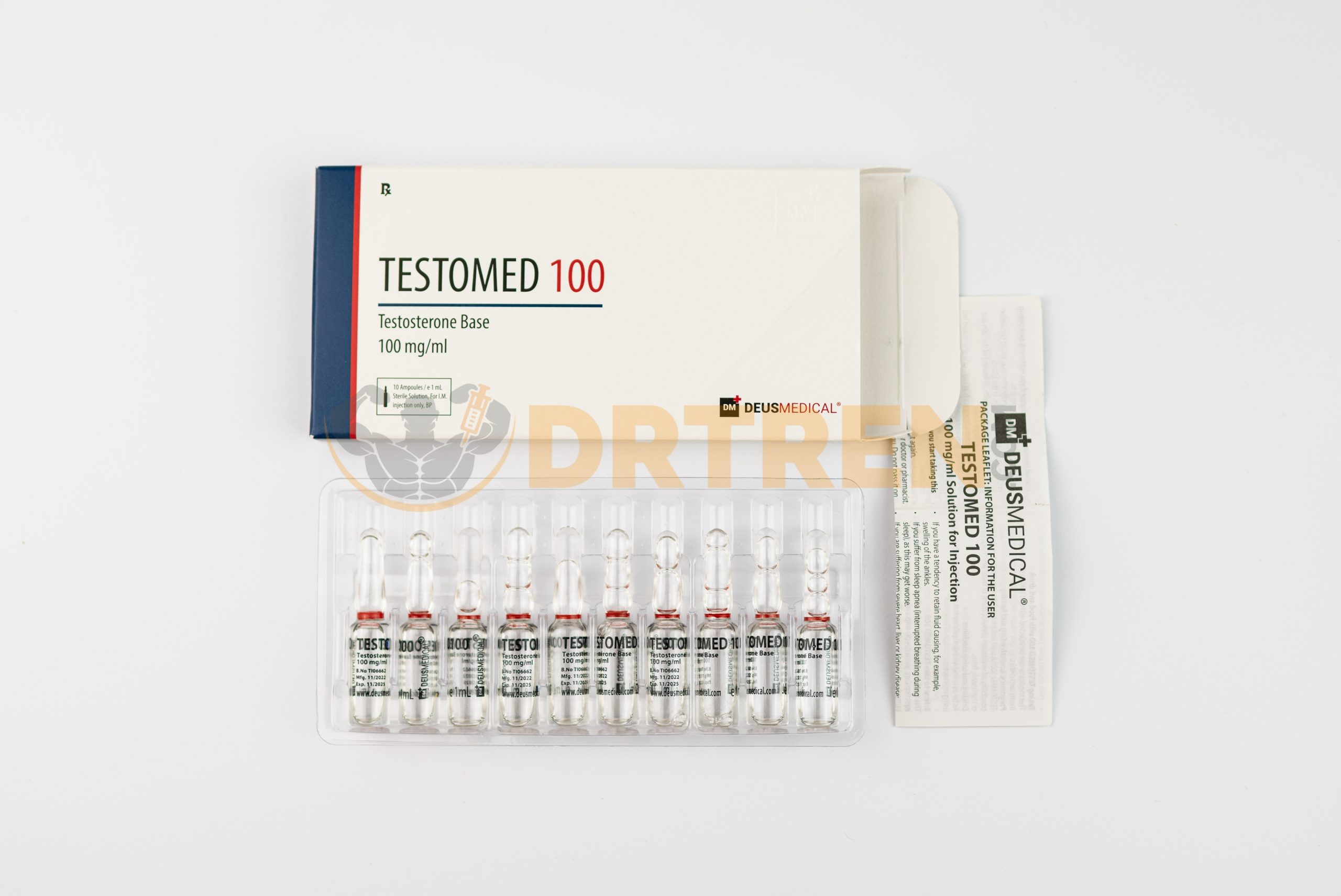 TESTOMED 100 (Base de Testostérone) de Deus Medical, un stéroïde anabolisant présenté sous forme de flacon contenant une concentration de testostérone.