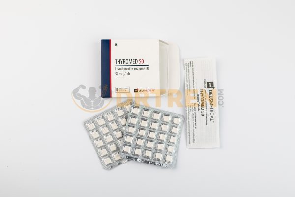 THYROMED 50 (Levothyroxine Sodium T4) de Deus Medical, boîte de comprimés dosés à 50 mcg, utilisé pour traiter l'hypothyroïdie en régulant le métabolisme