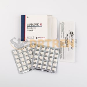 Anadromed 50 (Oxymétholone) de Deus Medical, 50 comprimés de 50 mg, un stéroïde anabolisant utilisé pour augmenter la masse musculaire et la force, souvent prescrit pour traiter certaines formes d'anémie