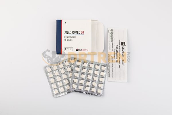 Anadromed 50 (Oxymétholone) de Deus Medical, 50 comprimés de 50 mg, un stéroïde anabolisant utilisé pour augmenter la masse musculaire et la force, souvent prescrit pour traiter certaines formes d'anémie