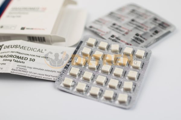 Anadromed 50 (Oxymétholone) de Deus Medical, 50 comprimés de 50 mg, un stéroïde anabolisant utilisé pour augmenter la masse musculaire et la force, souvent prescrit pour traiter certaines formes d'anémie