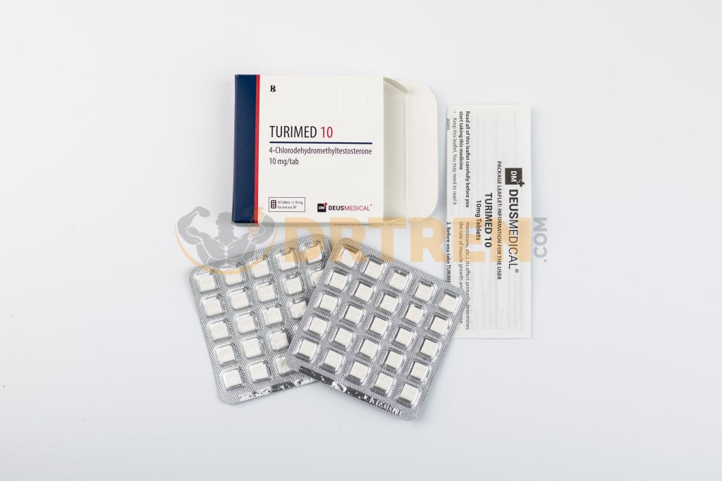 TURIMED 10 (Turinabol) de Deus Medical, 50 comprimés de 10 mg, un stéroïde anabolisant utilisé pour améliorer la performance physique, augmenter la masse musculaire et réduire la graisse corporelle