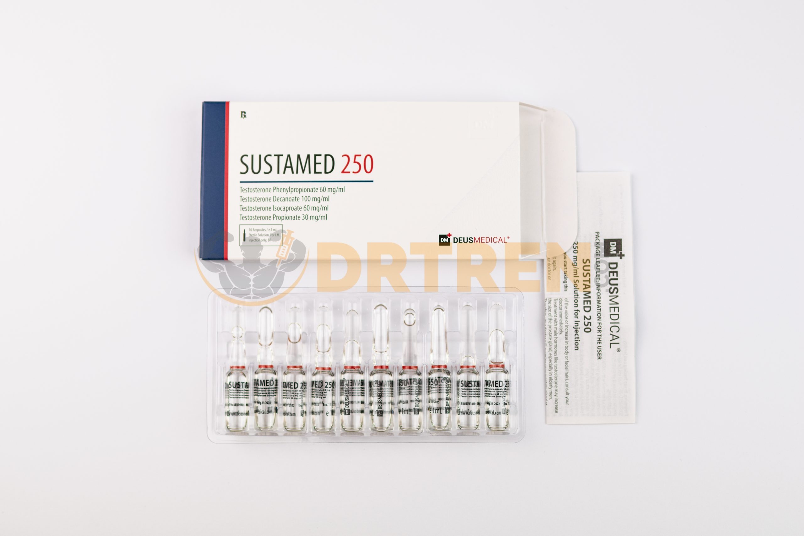 Sustamed 250 (Sustanon) de Deus Medical, flacon de 10 ml avec une concentration de 250 mg/ml, utilisé pour la thérapie de remplacement en testostérone