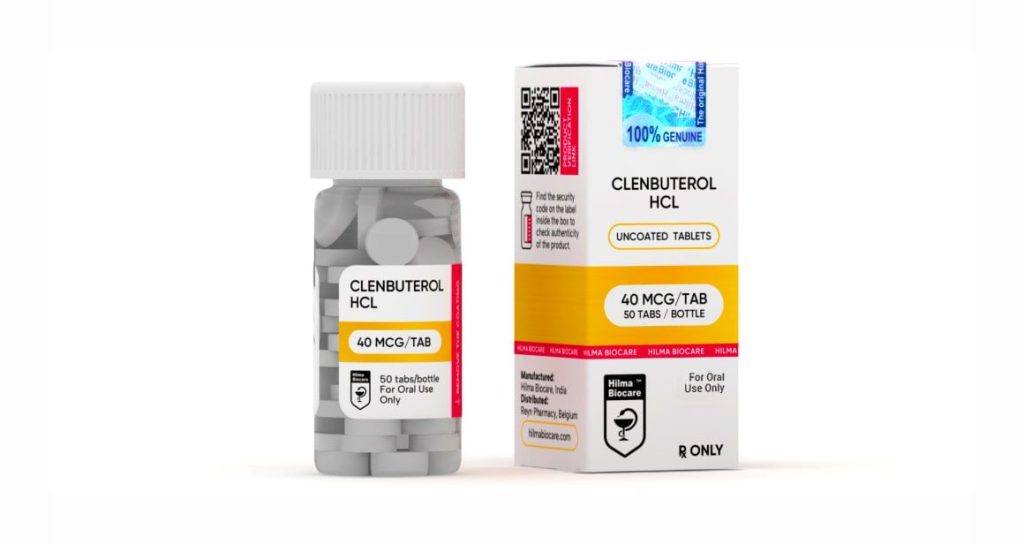 Boîte de 50 comprimés de clenbutérol HCL de Hilma Biocare, chaque comprimé contenant 40 microgrammes (mcg) de clenbutérol hydrochloride
