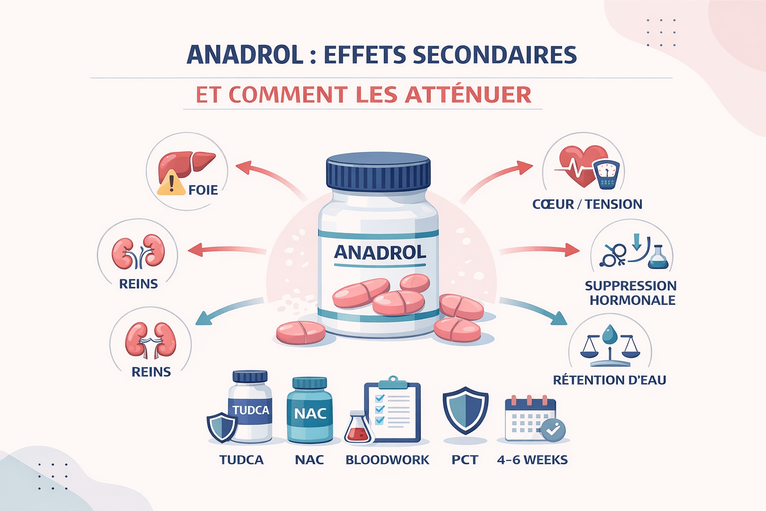 Illustration vectorielle en style Corporate Memphis montrant Anadrol avec ses principaux effets secondaires, comme le stress hépatique, les risques cardiovasculaires, la suppression hormonale, et les éléments de réduction des risques.