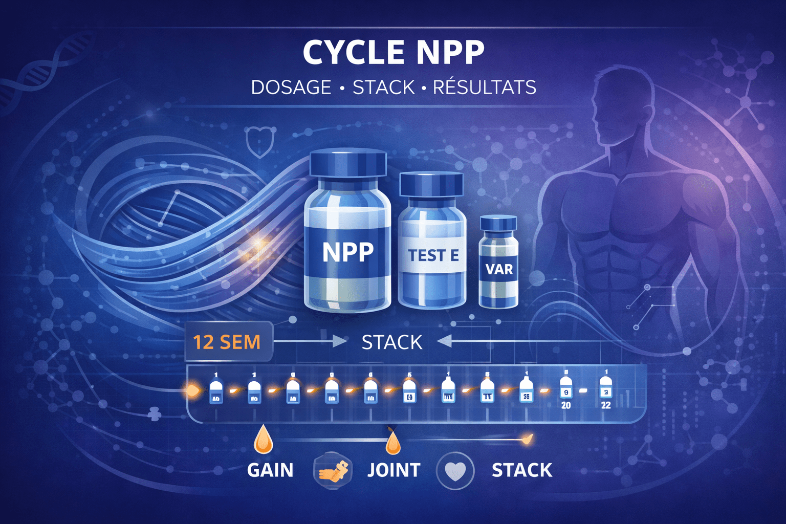 Illustration vectorielle d’un cycle NPP en musculation avec flacons NPP et Test E, rythme d’injection EOD, fibres musculaires et visuel de stack structuré.